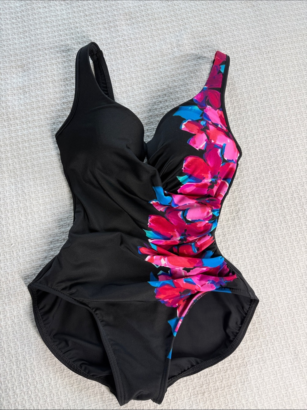 Miraclesuit Black One-Piece Swimsuit with Pink Floral Accent size 10